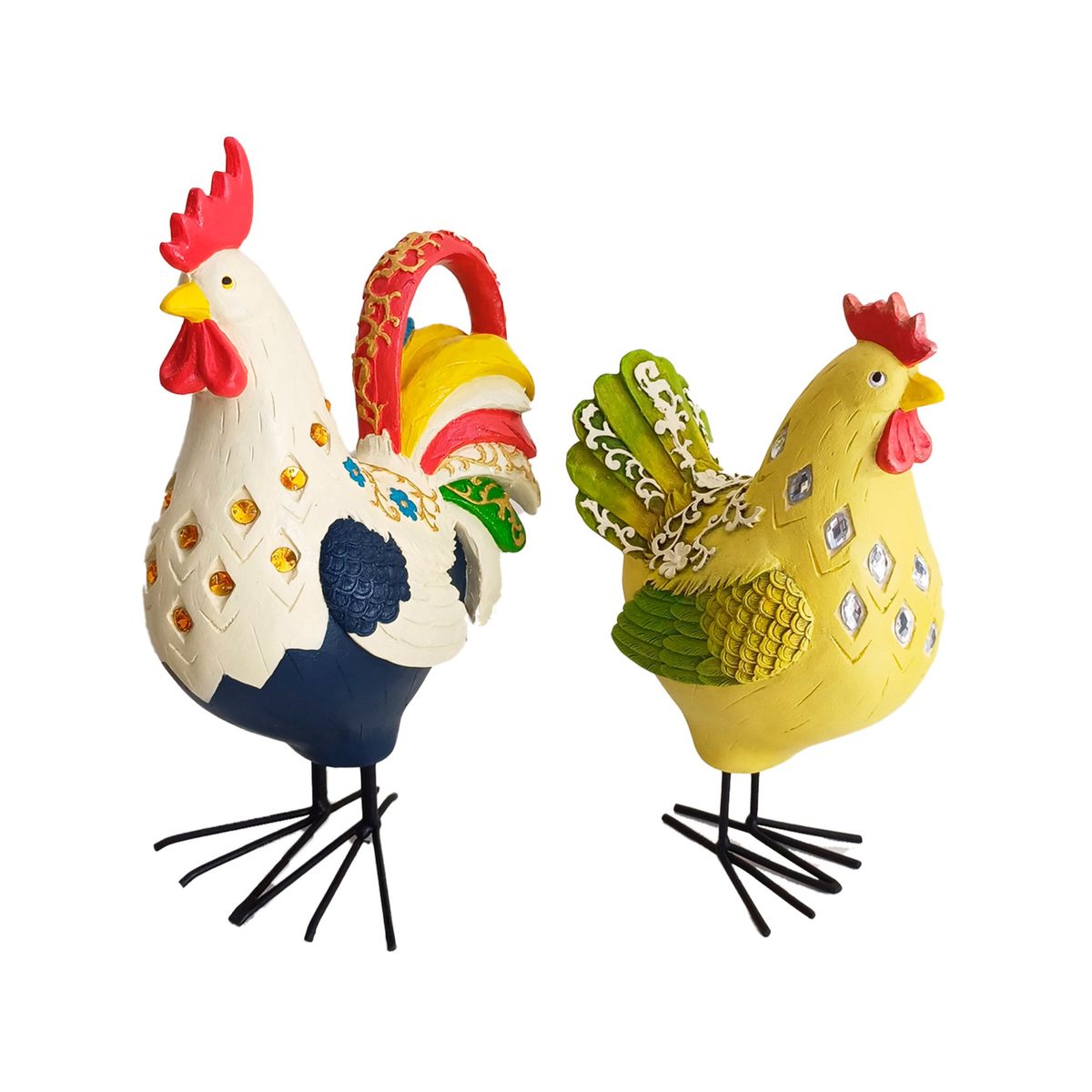 PLINI - Figuras Gallo y Gallina Colors 26cm y 21cm Resina Set x 2