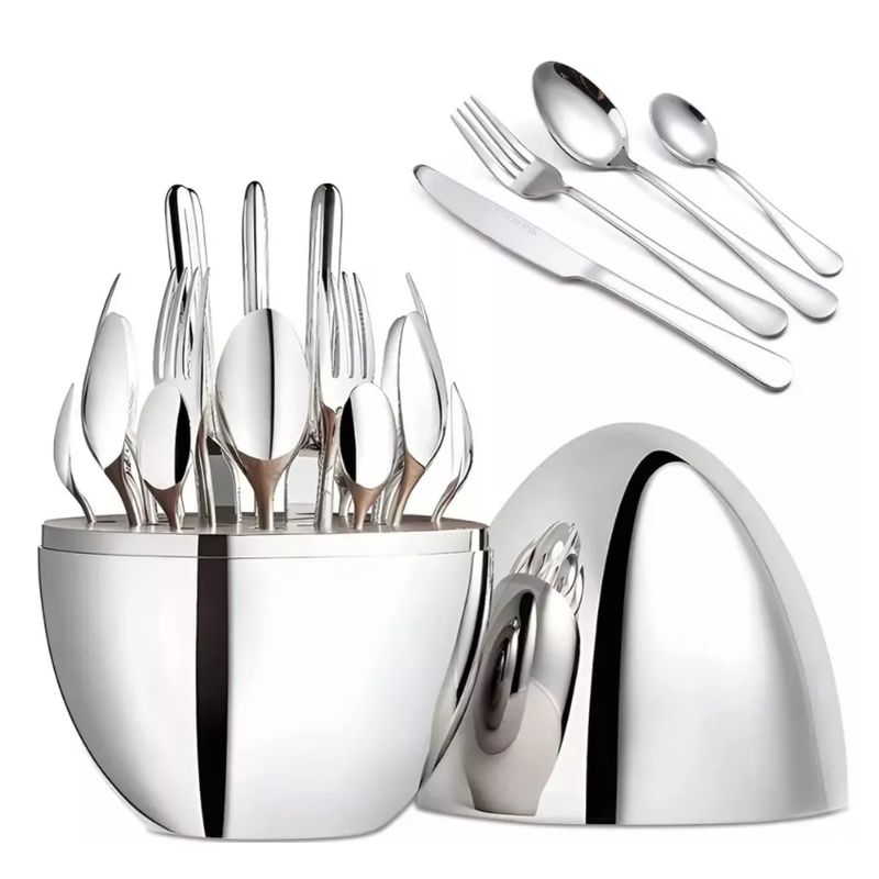 PREMIUM - Juego De Cubiertos 24pcs Acero Inoxidable  Estuche Huevo plateado