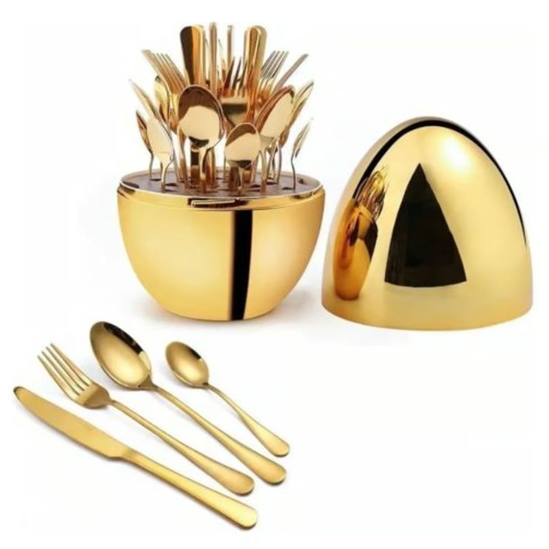 PREMIUM - Juego De Cubiertos 24pcs Acero Inoxidable Gold Estuche Huevo