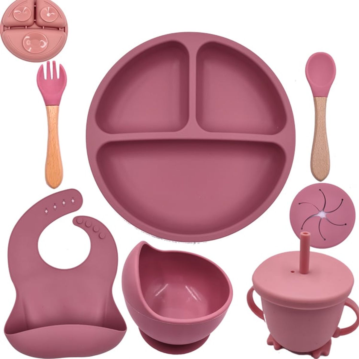 GENERICO - SET PLATO BABERO CUCHARA TENEDOR TAZÓN VASO BEBÉ-ROSA