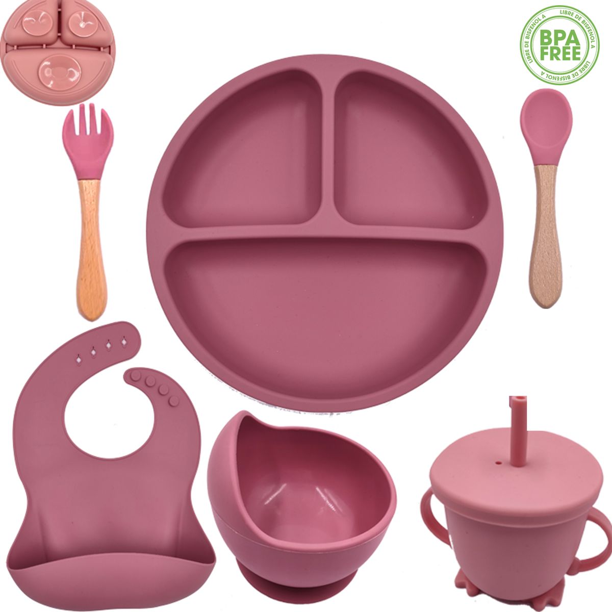 GENERICO - SET PLATO BABERO CUCHARA TENEDOR TAZÓN VASO BEBÉ-ROSA