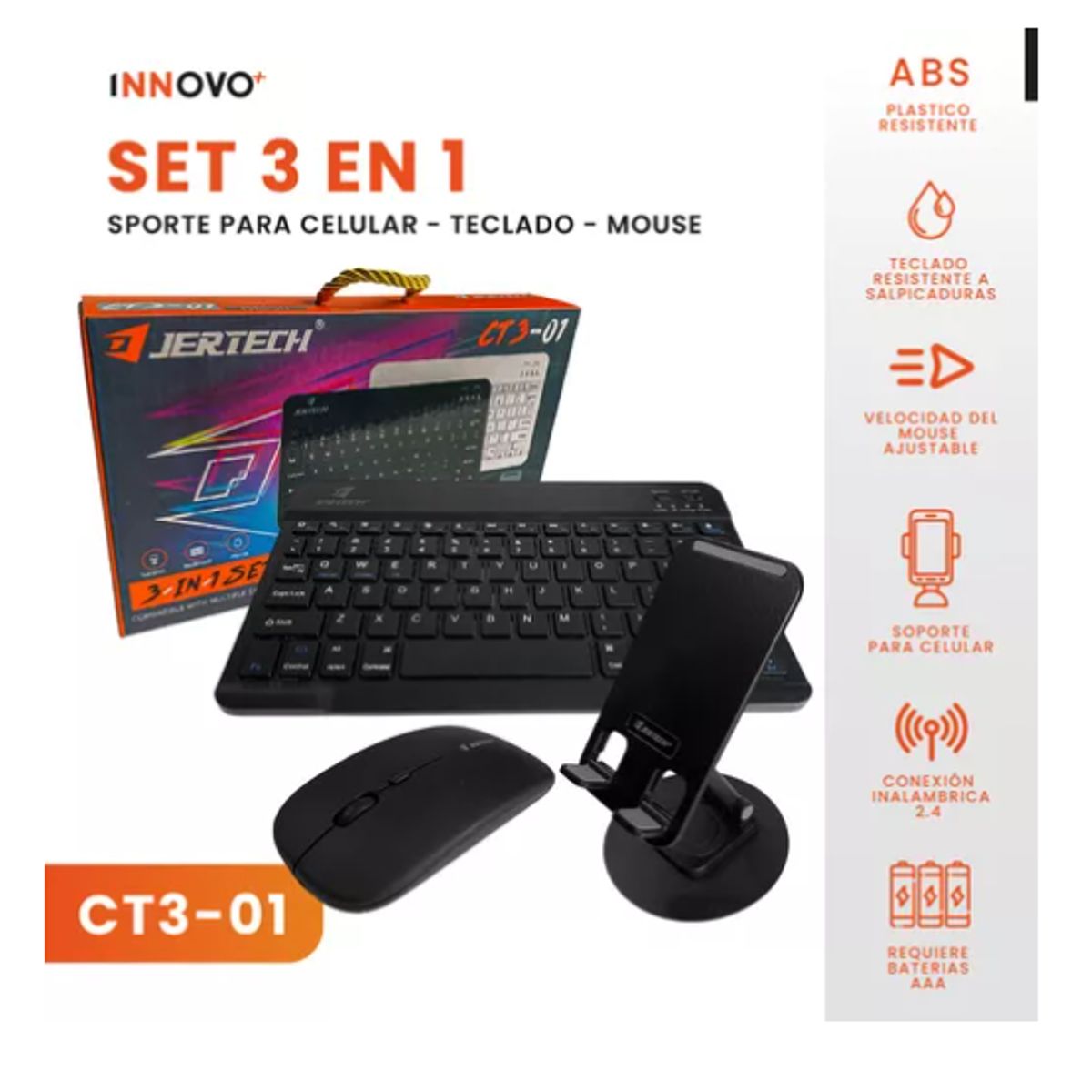 INNOVA - Teclado Inalambrico 3 En 1 Jertech Receptor Usb Mouse Soporte Tablet