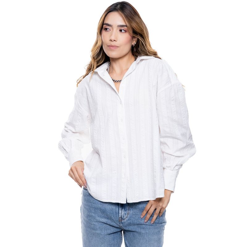COLOR BLUE - Camisa Manga Larga A Rayas Bordadas
