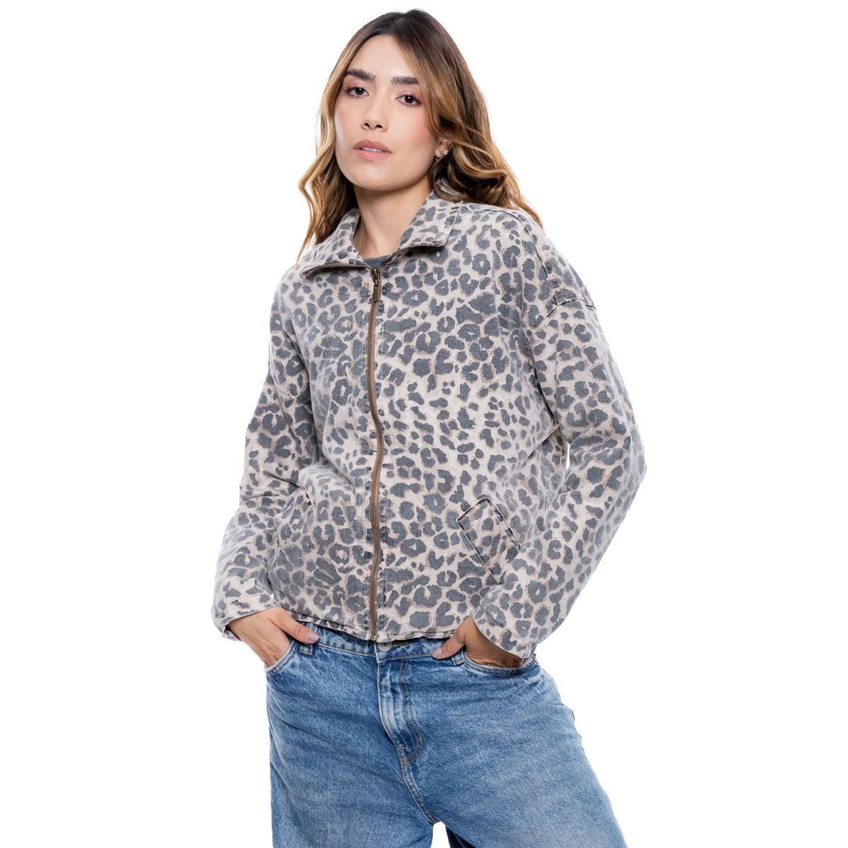COLOR BLUE - Chaqueta Estampado Animal Print Con Desgaste