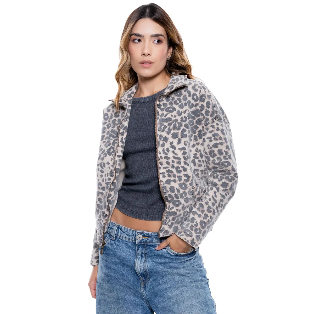 COLOR BLUE - Chaqueta Estampado Animal Print Con Desgaste