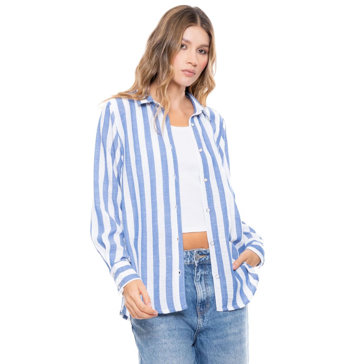 COLOR BLUE - Camisa Manga Larga A Rayas Con Logo Bordado