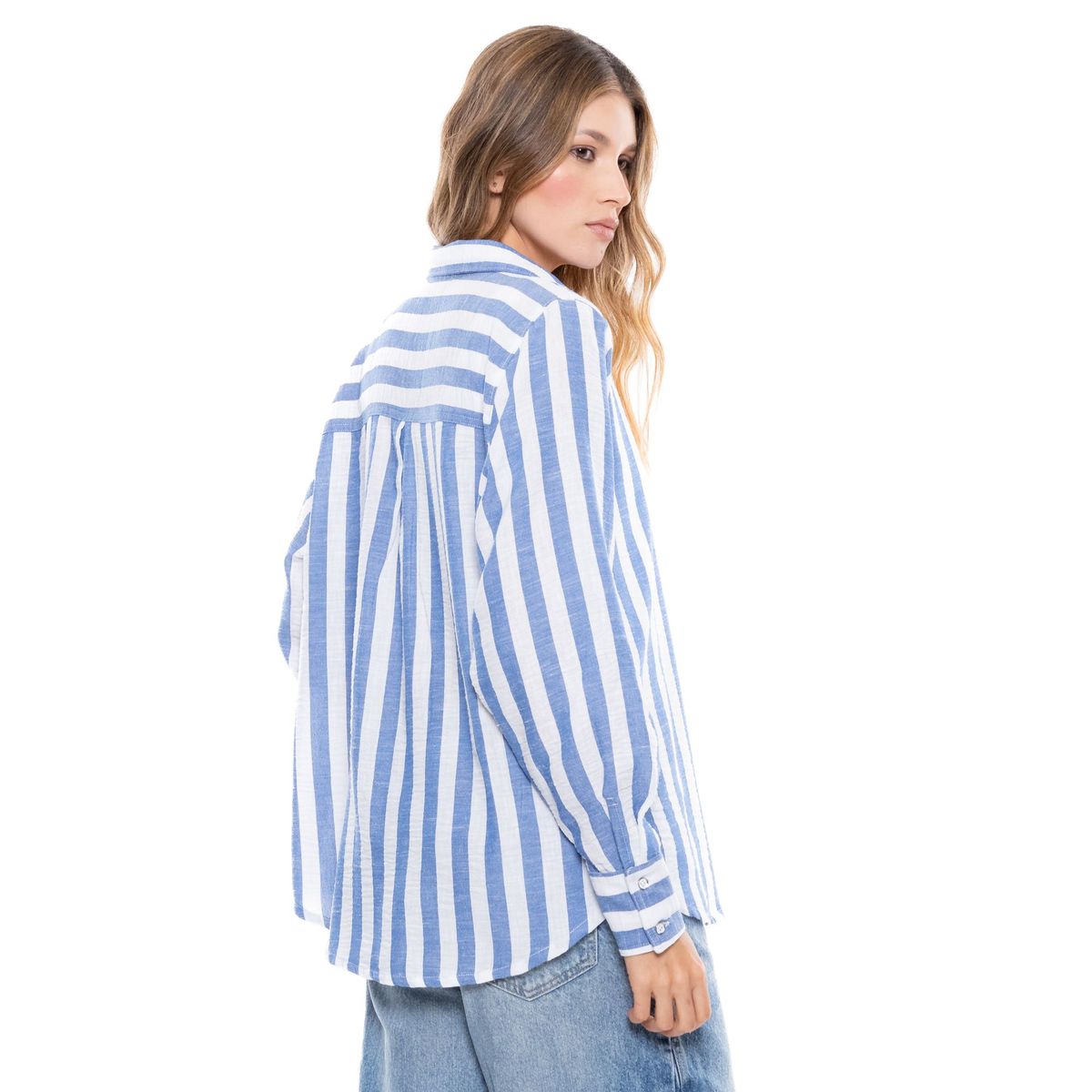 COLOR BLUE - Camisa Manga Larga A Rayas Con Logo Bordado