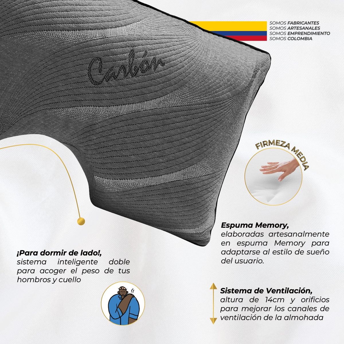 MALAIA HOME - Almohada Shoulder Tech Carbon  Para dormir de lado