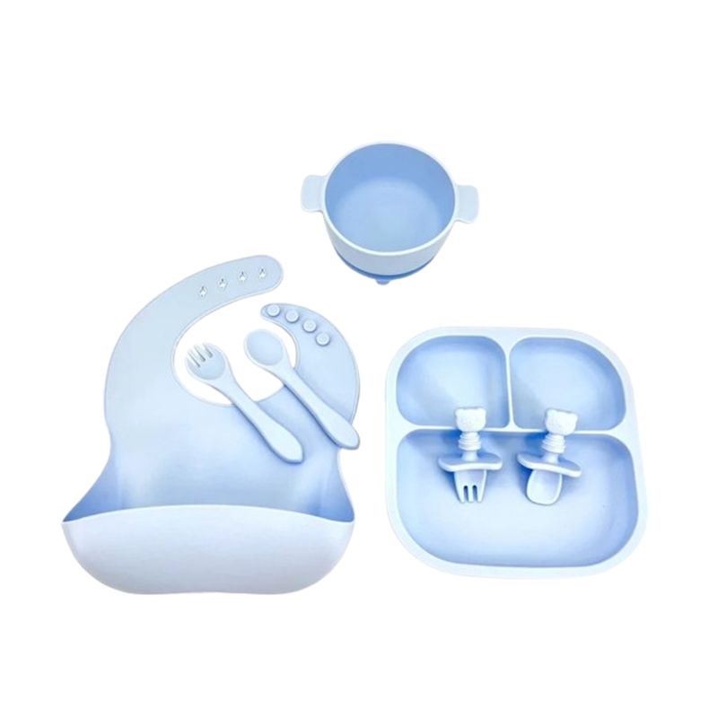 GENERICO - SET PLATO CUADRADO BABERO CUCHARA TENEDOR TAZÓN BEBÉ-AZUL
