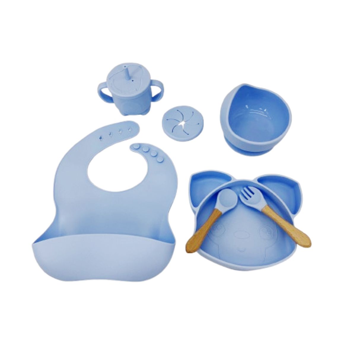 GENERICO - SET PLATO ZORRO BABERO CUCHARA TENEDOR TAZÓN VASO BEBÉ-AZUL