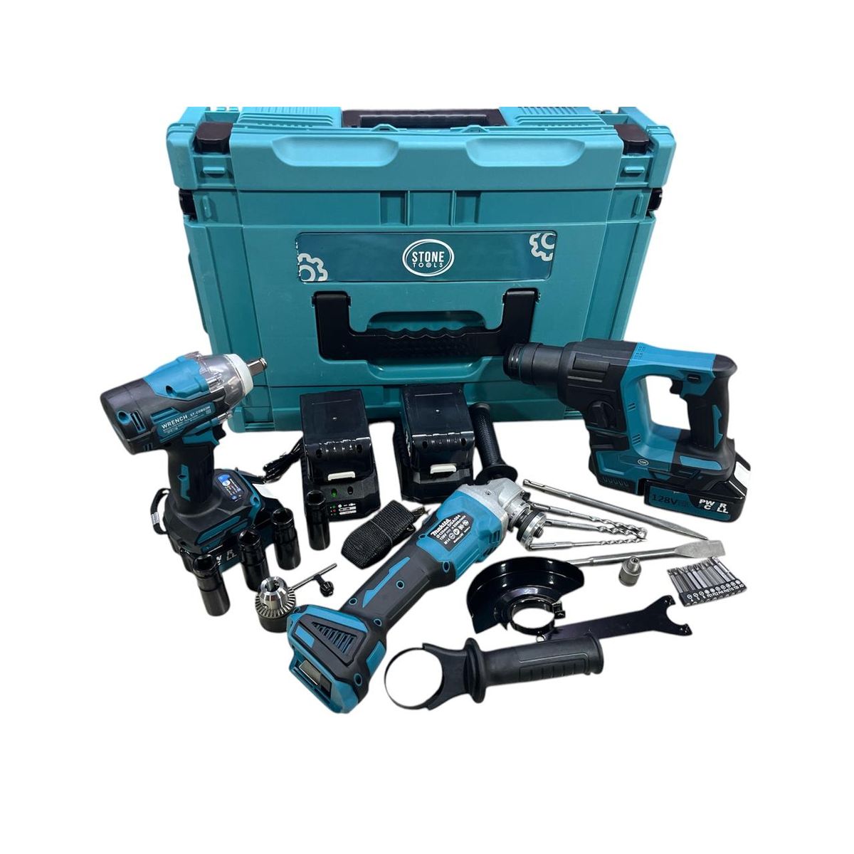 STONE TOOLS - KIT taladro rotomartillo pulidora pistola de fijacion uso profesional