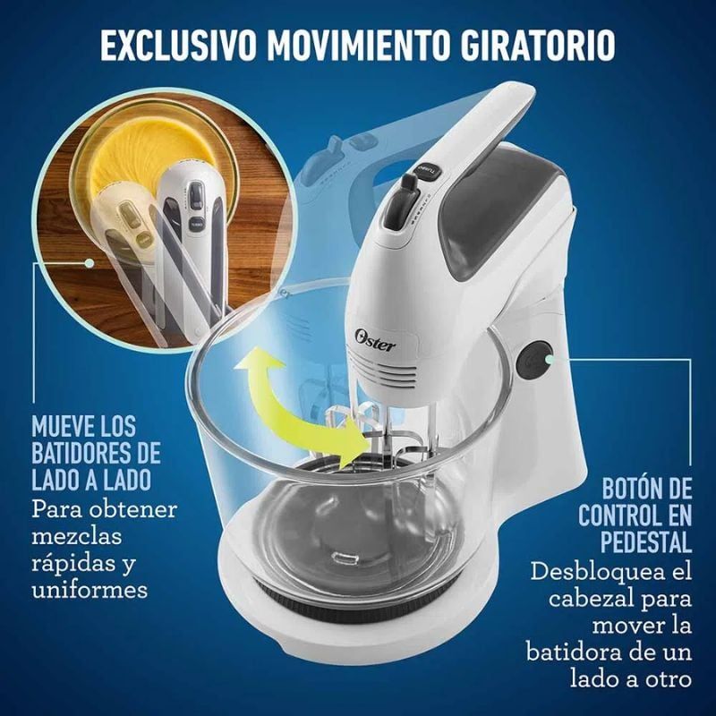 OSTER - Batidora de Mano  Oster®, con Tazón de Vidrio, de 6 Velocidades, Blanca