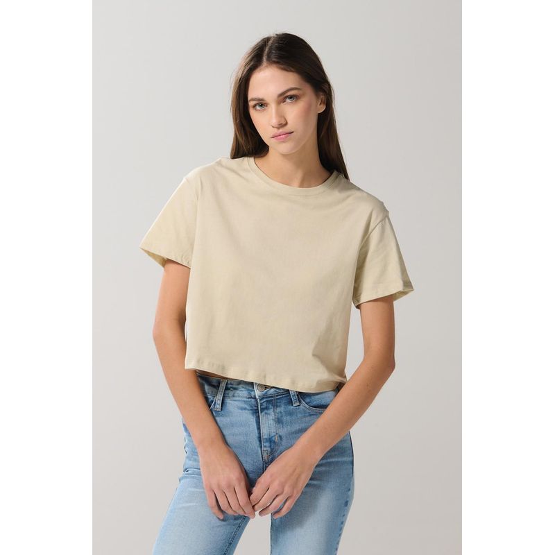KOAJ - KOAJ Camiseta crop top kaki clara con manga corta Mujer