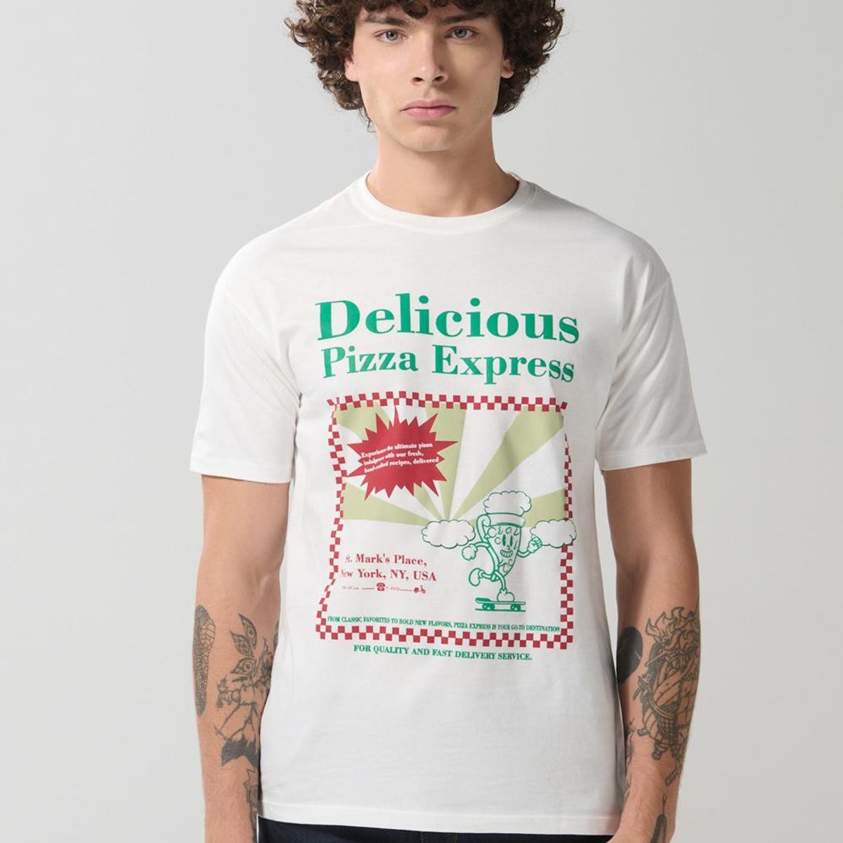 KOAJ - KOAJ Camiseta crema en algodón manga corta con arte de pizz Hombre