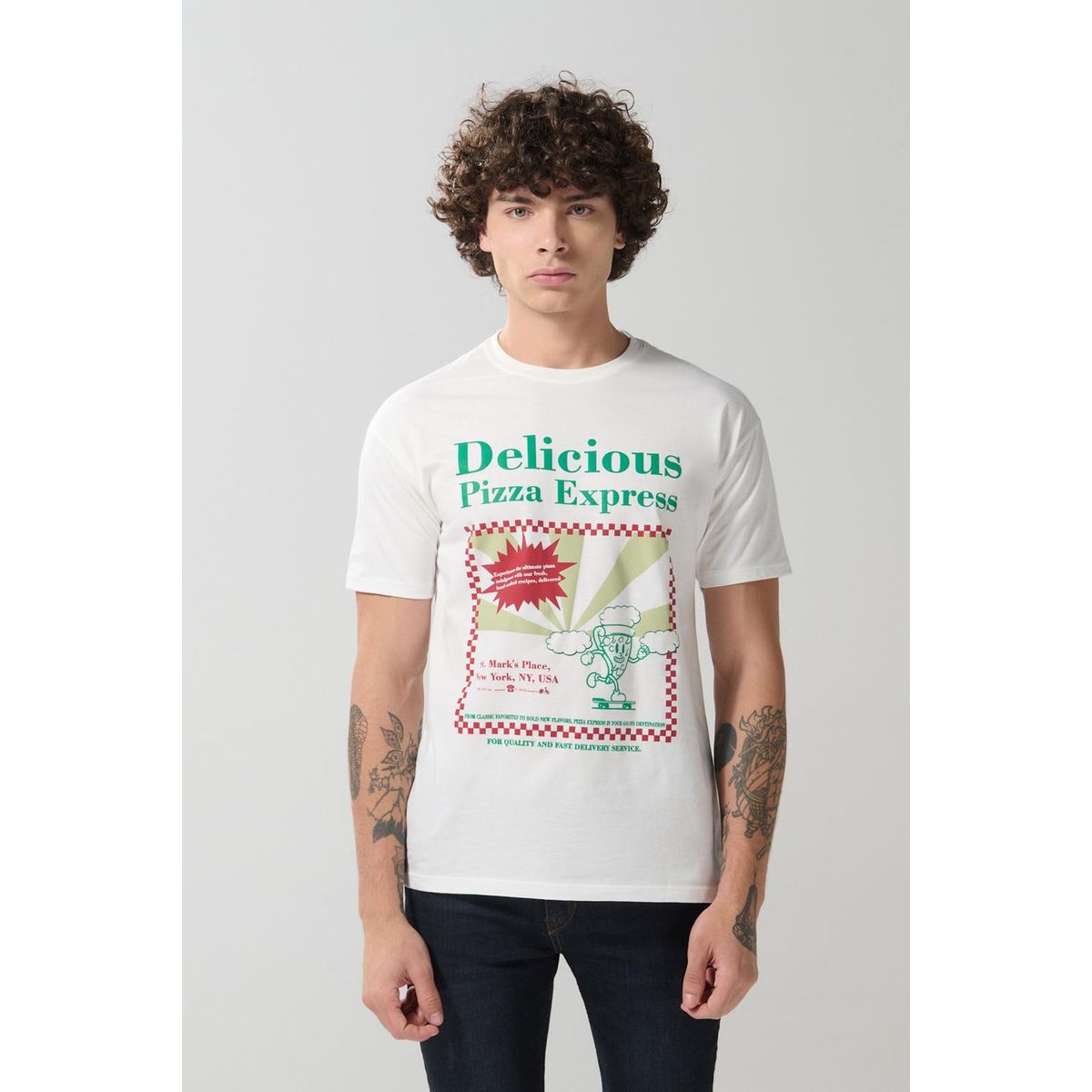 KOAJ - KOAJ Camiseta crema en algodón manga corta con arte de pizz Hombre