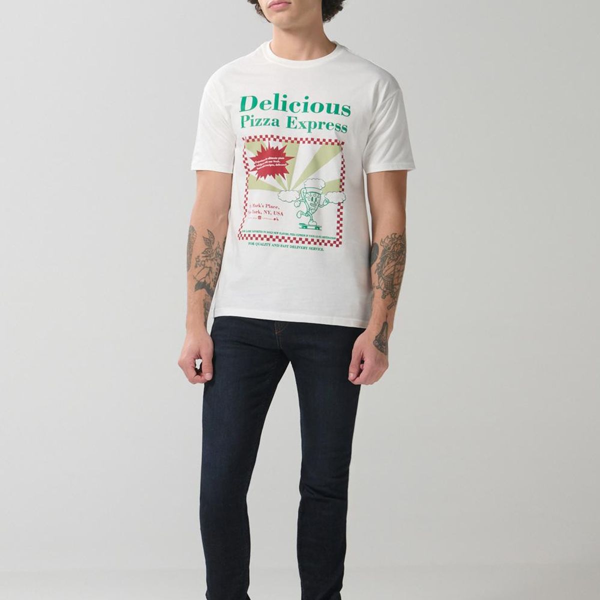 KOAJ - KOAJ Camiseta crema en algodón manga corta con arte de pizz Hombre