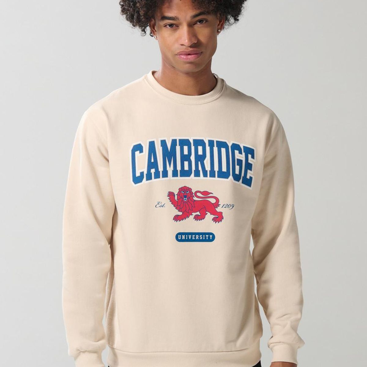 KOAJ - KOAJ Buzo kaki claro cuello redondo con arte de Cambridge Hombre