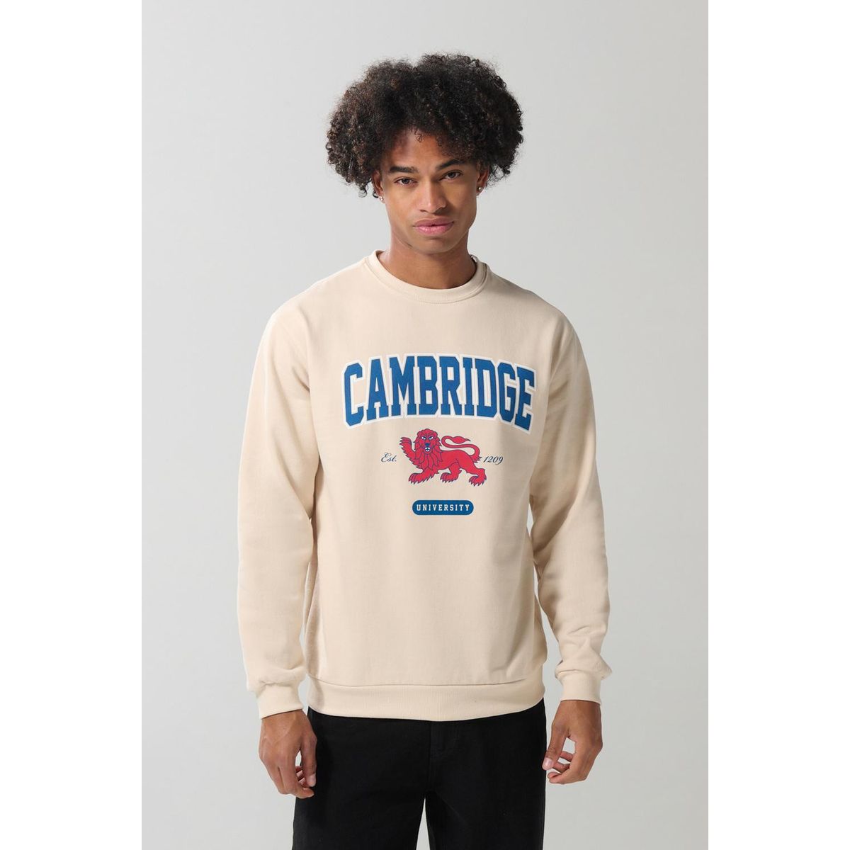 KOAJ - KOAJ Buzo kaki claro cuello redondo con arte de Cambridge Hombre