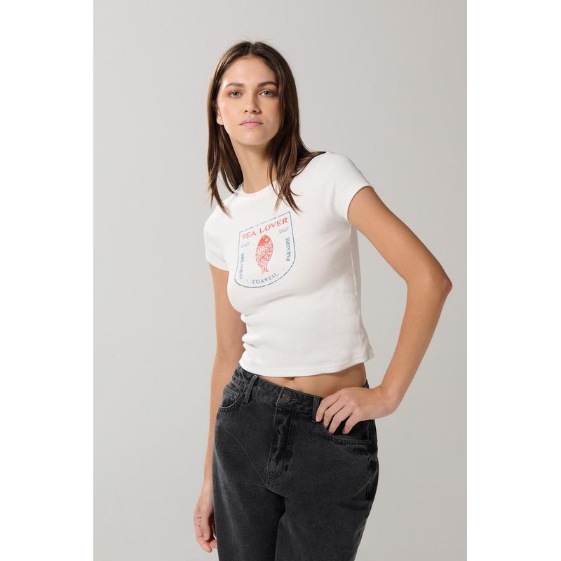 KOAJ - KOAJ Camiseta en rib unicolor manga corta con diseño de comi Mujer