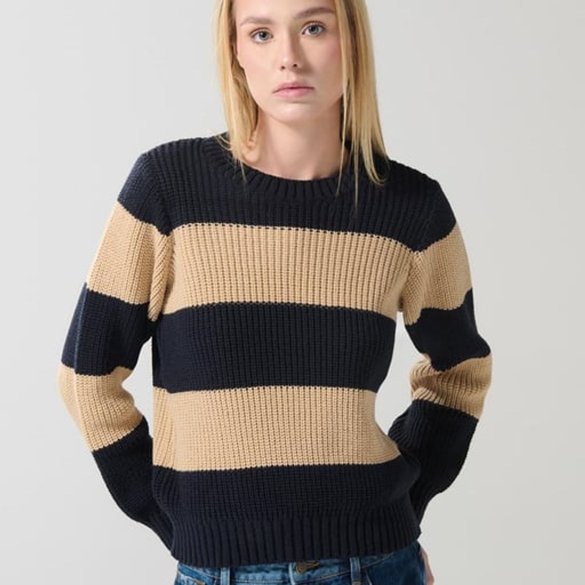 KOAJ - KOAJ Suéter kaky con rayas horizontales con cuello redondo Mujer