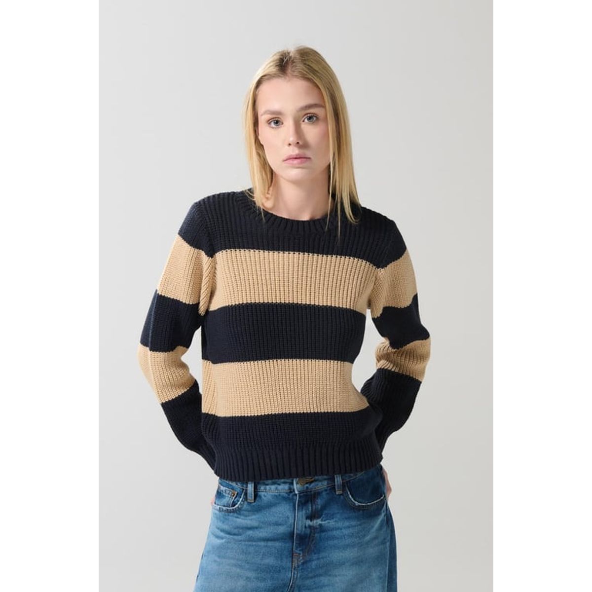 KOAJ - KOAJ Suéter kaky con rayas horizontales con cuello redondo Mujer