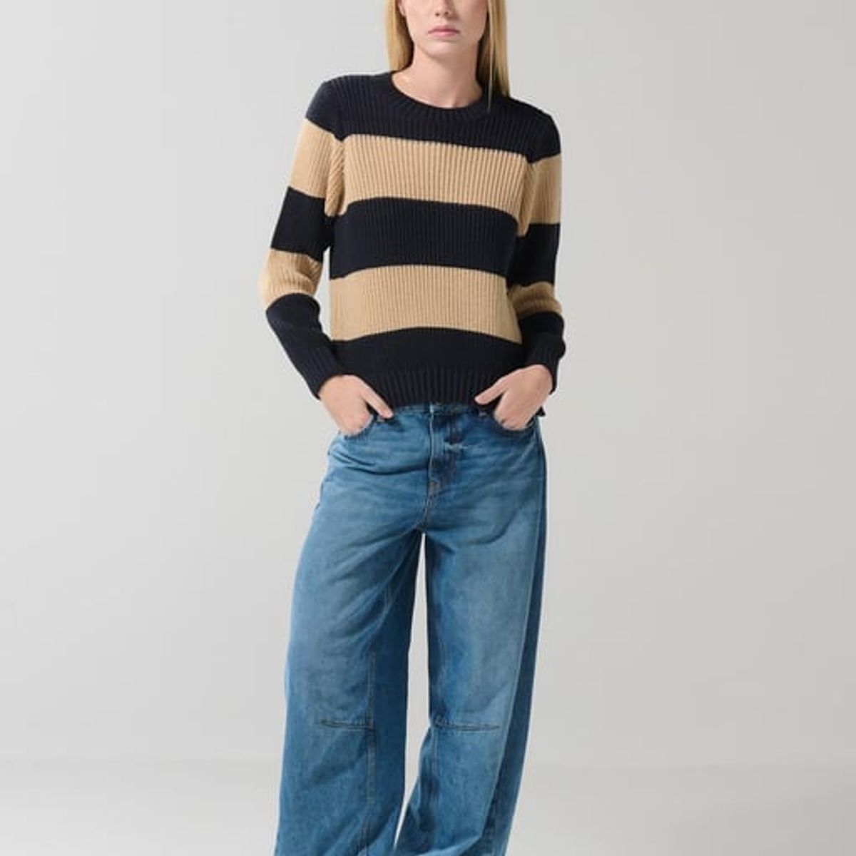 KOAJ - KOAJ Suéter kaky con rayas horizontales con cuello redondo Mujer