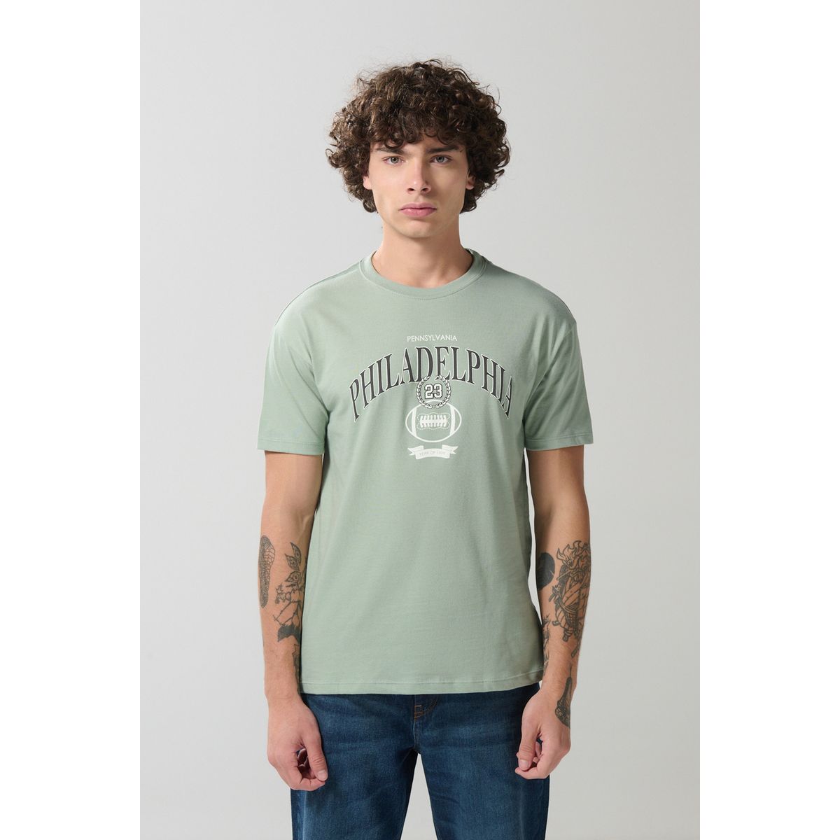 KOAJ - KOAJ Camiseta verde clara college en algodón manga corta Hombre