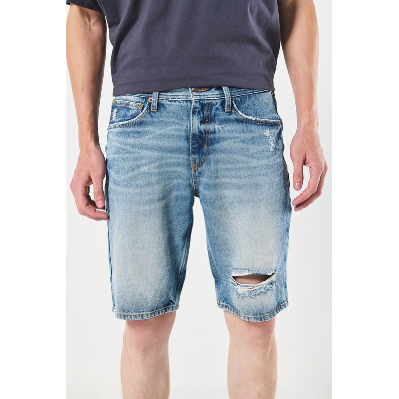 KOAJ - KOAJ Bermuda tiro bajo azul slim en jean con rotos en frente HOMBRE