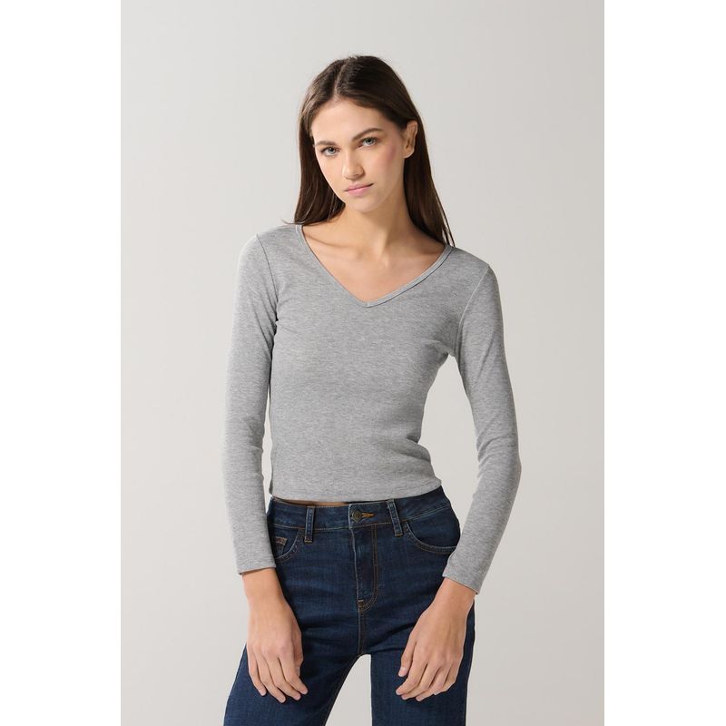 KOAJ - KOAJ Camiseta con cuello V unicolor y manga larga MUJER