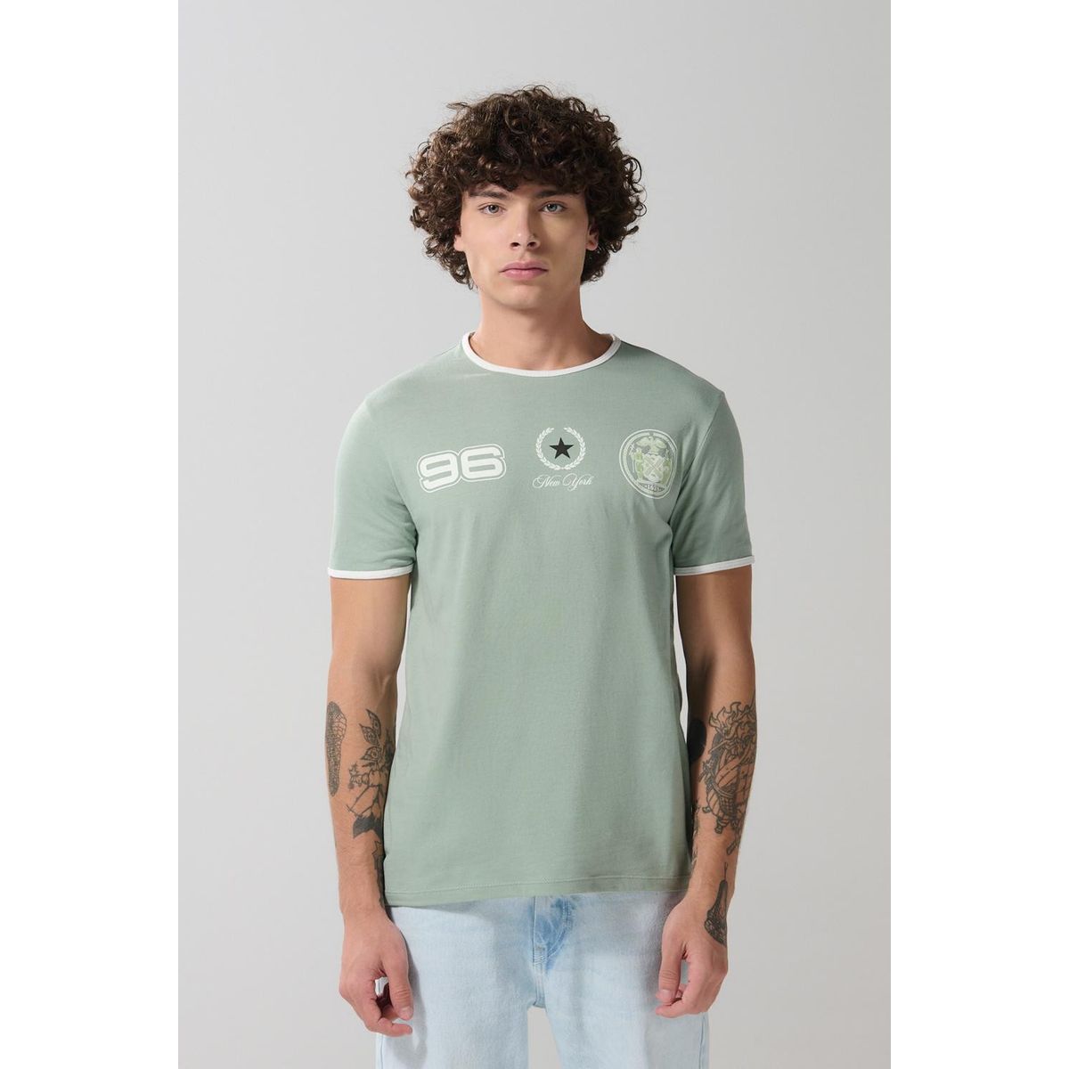 KOAJ - KOAJ Camiseta verde clara manga corta con contrastes colleg Hombre