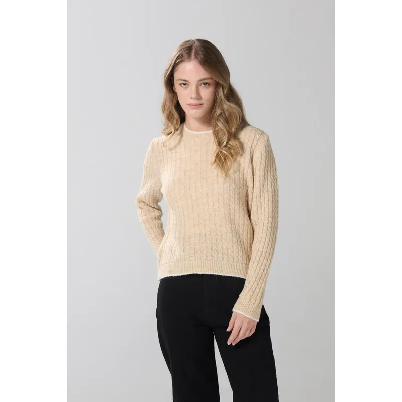 KOAJ - KOAJ Suéter tejido con trenzas crema cuello redondo tacto su Mujer