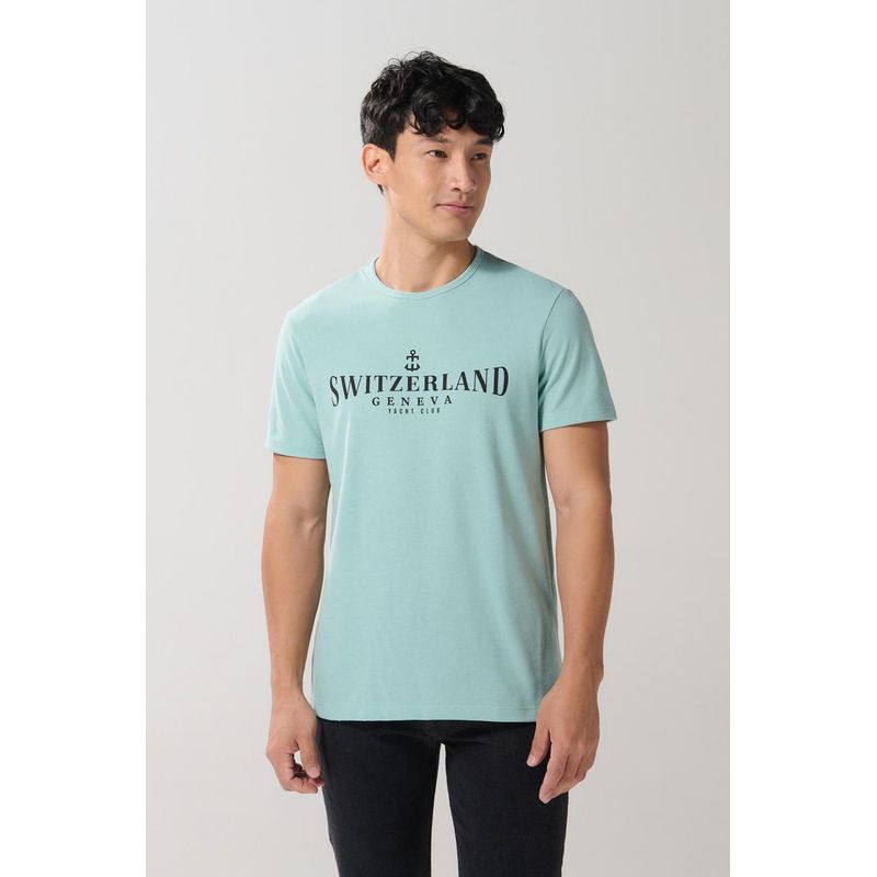 KOAJ - KOAJ Camiseta azul clara manga corta con texto college Hombre