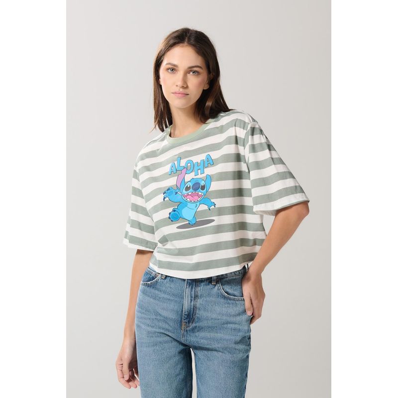 KOAJ - KOAJ Camiseta a rayas crema crop top oversize de Lilo & Stitch MUJER