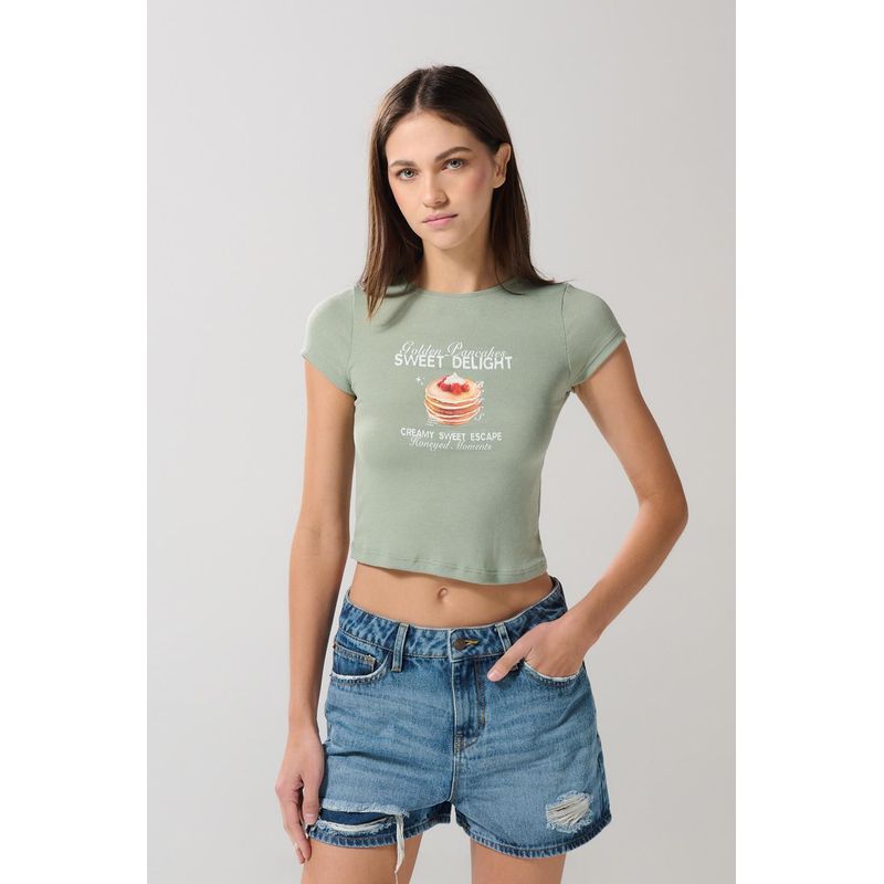KOAJ - KOAJ Camiseta unicolor en rib con diseño de comida y manga cor MUJER