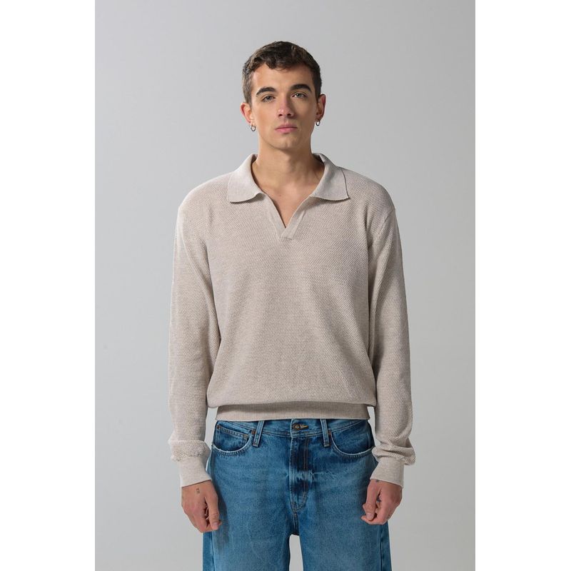 KOAJ - KOAJ Suéter  kaky claro cuello polo tejido con pechera HOMBRE