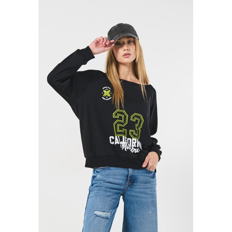 KOAJ - KOAJ Buzo negro oversize con diseño college y cuello bandeja MUJER