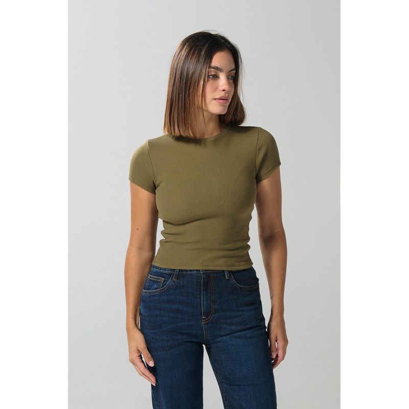 KOAJ - KOAJ Camiseta ajustada en rib unicolor con manga corta y textu MUJER