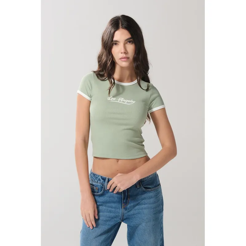 KOAJ - KOAJ Camiseta para mujer en tela acanalada, cuello redondo y Mujer