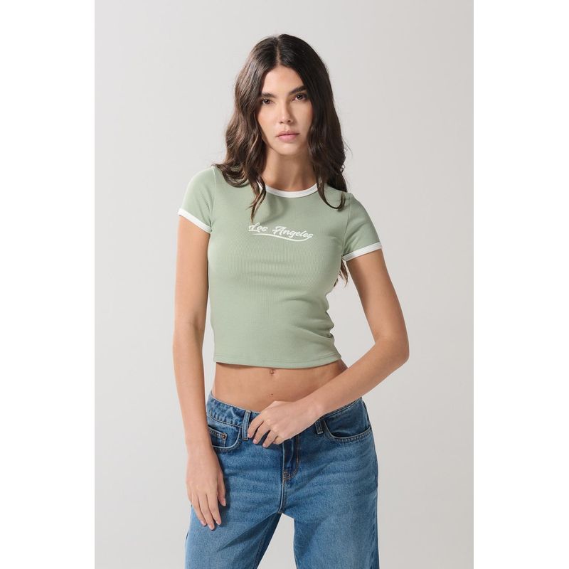 KOAJ - KOAJ Camiseta para mujer en tela acanalada, cuello redondo y Mujer