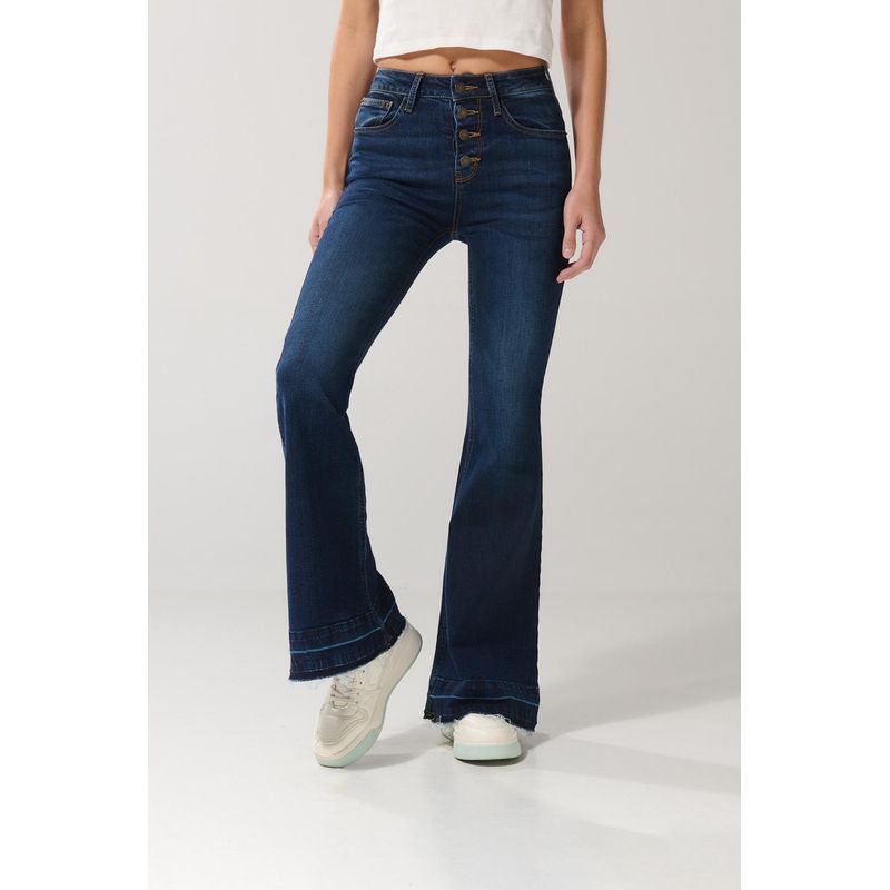 KOAJ - KOAJ Jean flare azul oscuro con tiro alto, botones y bota ampl MUJER