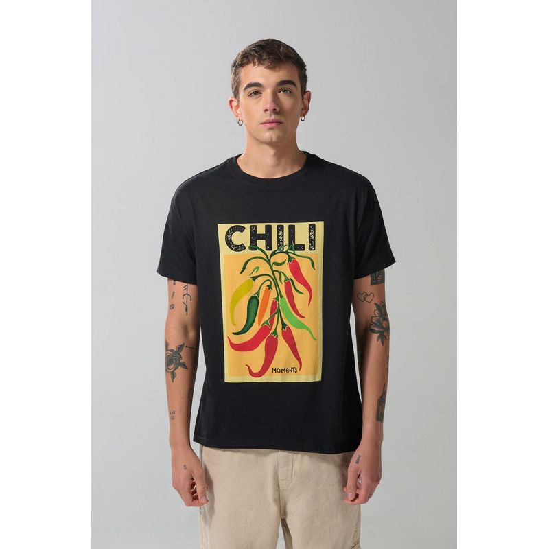 KOAJ - KOAJ Camiseta cuello redondo negra con diseño de comida Hombre