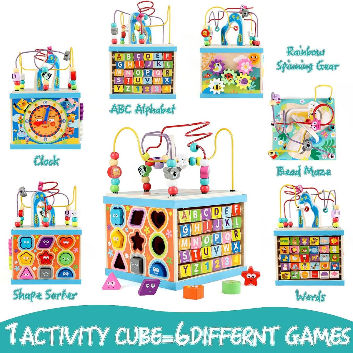 GENERICO - Cubo De Actividades De Madera Multiusos 5 en 1