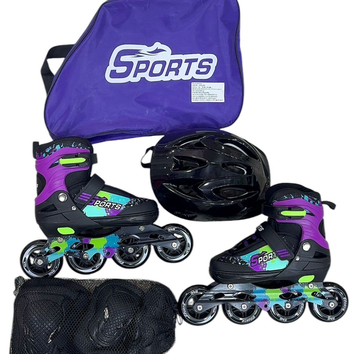 GENERICO - Kit Patines Sport Semiprofesionales Morado Verde Talla S