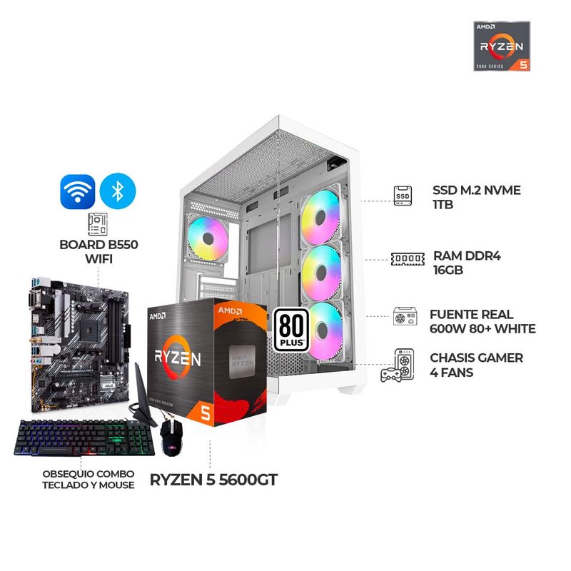AMD - PC GAMER AMD R5 5600GT RAM 16GB SSD 1TB NVME B550 WIFI + BLUETOOTH CHASIS 4FANS