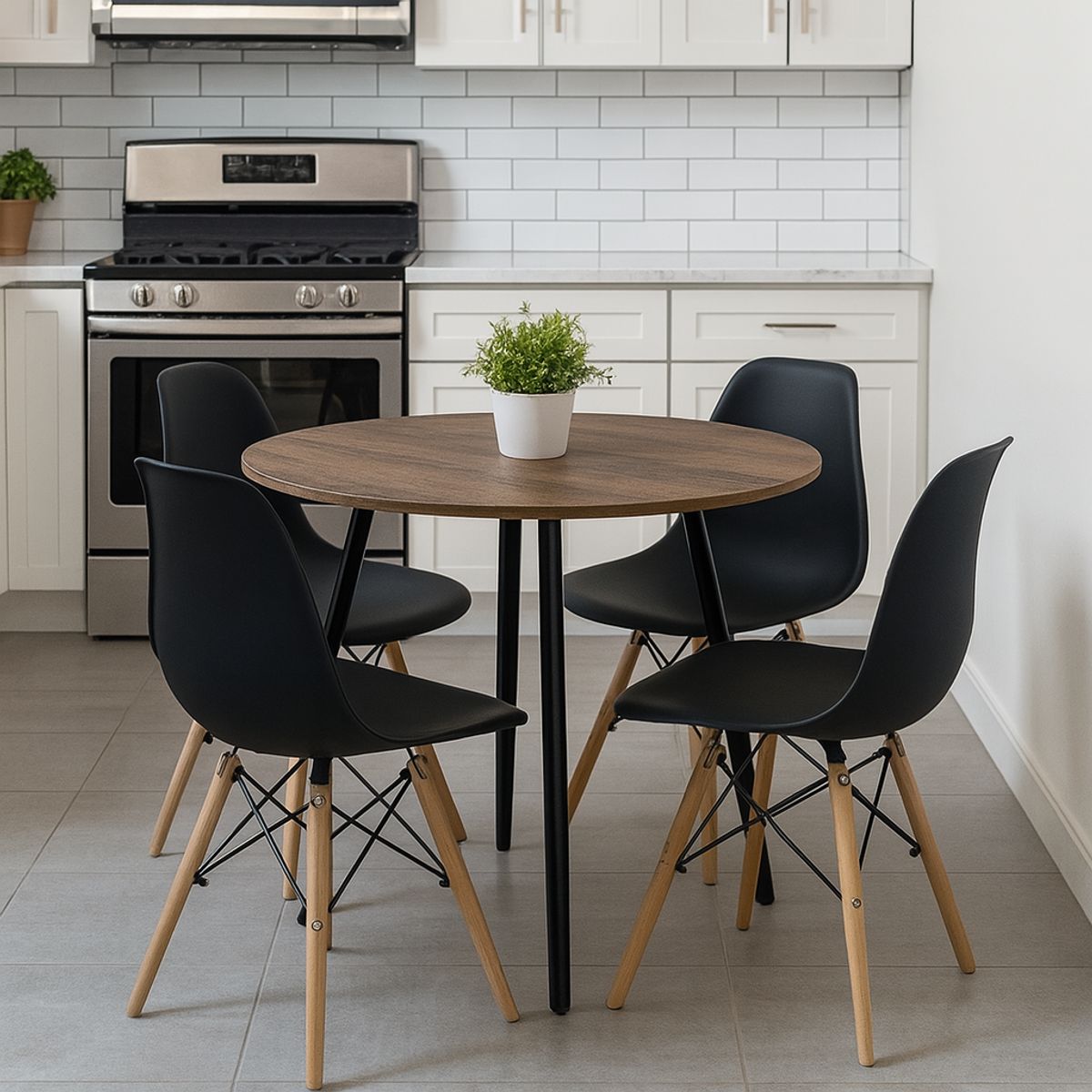 DKO DESIGN - Comedor Redondo 4p 75x80x80cm Amaretto + 4 Sillas Negras