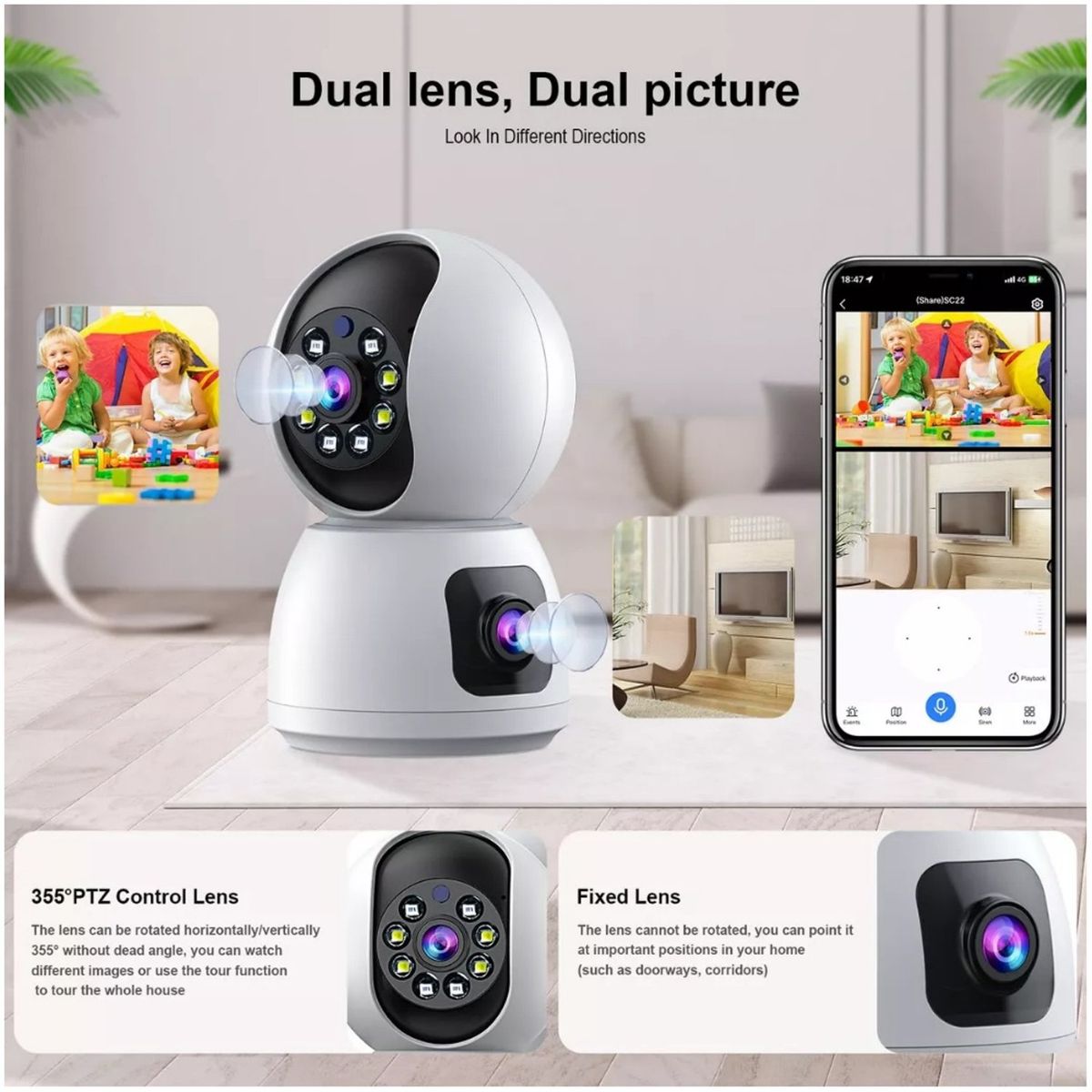 AWEI - Camara wifi dos lentes V380pro maxima seguridad giro 360º