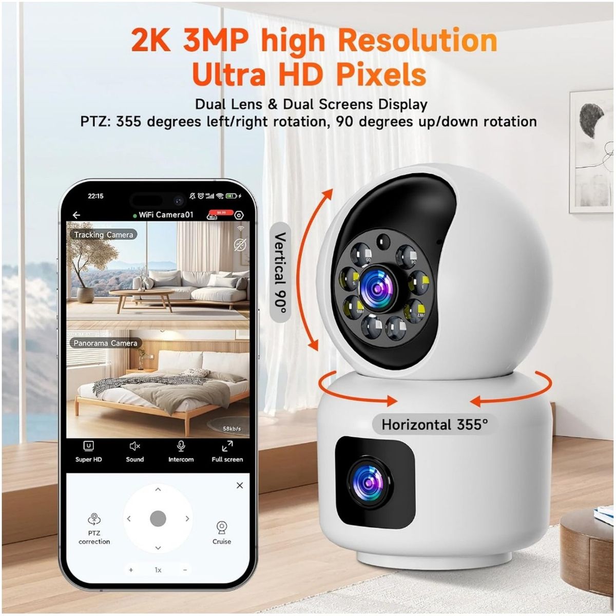 AWEI - Camara wifi dos lentes V380pro maxima seguridad giro 360º