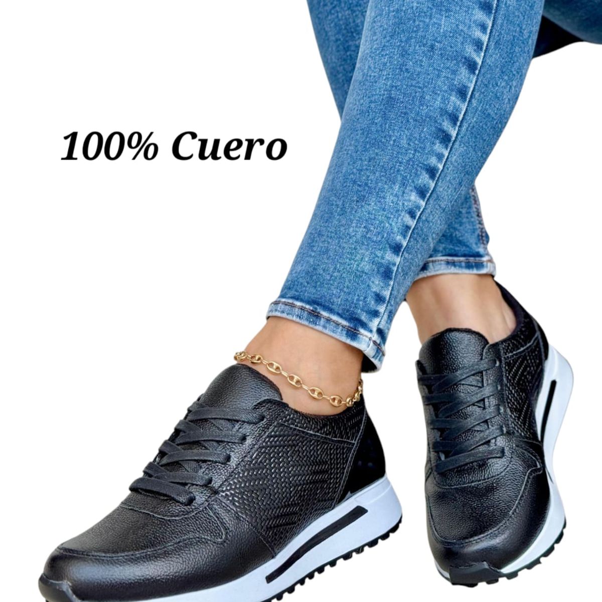 EVEGONZ - ZAPATOS DEPORTIVOS MUJER TENIS DE CUERO NEGRO