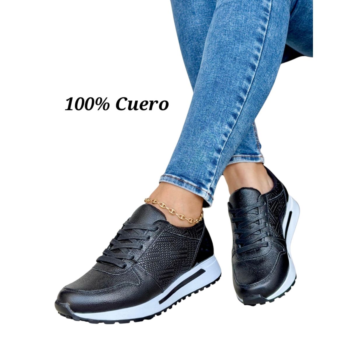 EVEGONZ - ZAPATOS DEPORTIVOS MUJER TENIS DE CUERO NEGRO