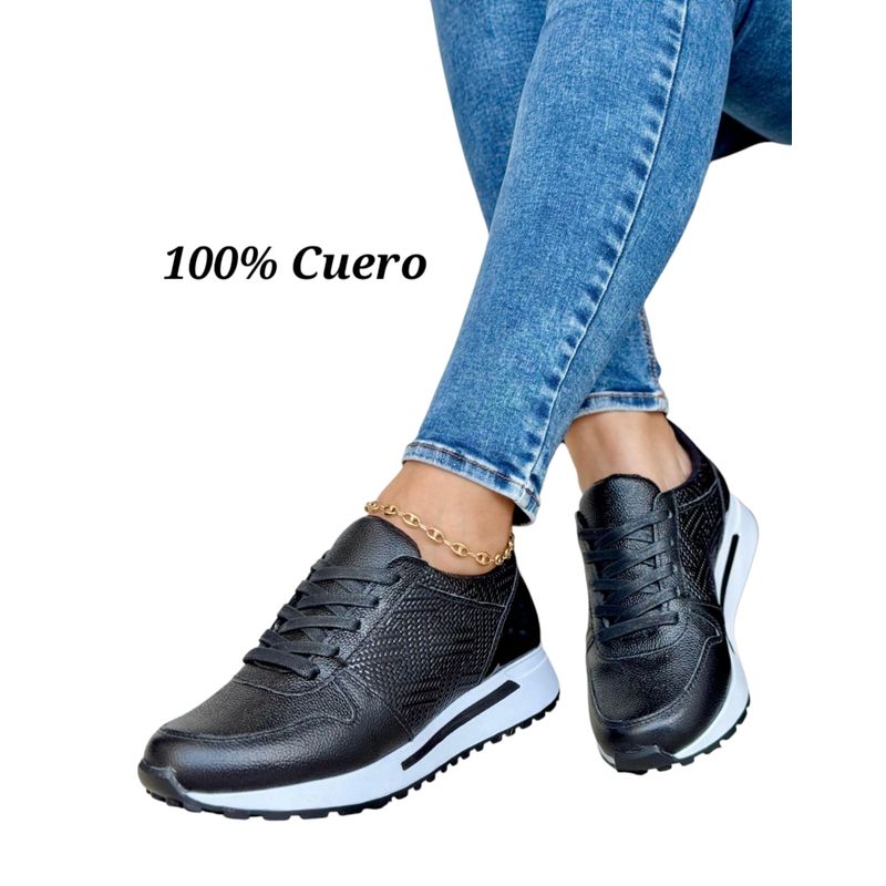 EVEGONZ - ZAPATOS DEPORTIVOS MUJER TENIS DAMA CUERO NEGRO